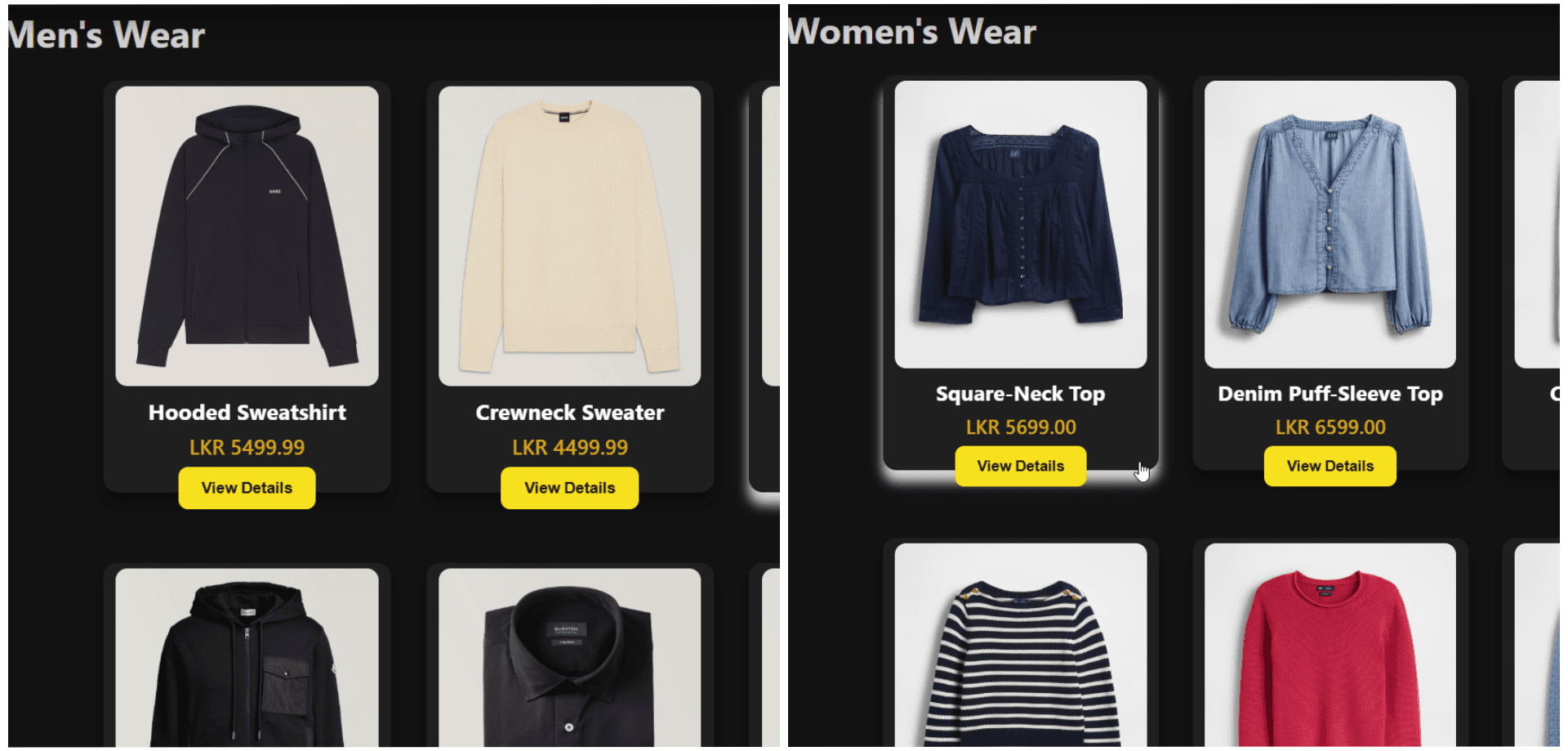 Men's & Women's clothing section with products listed.