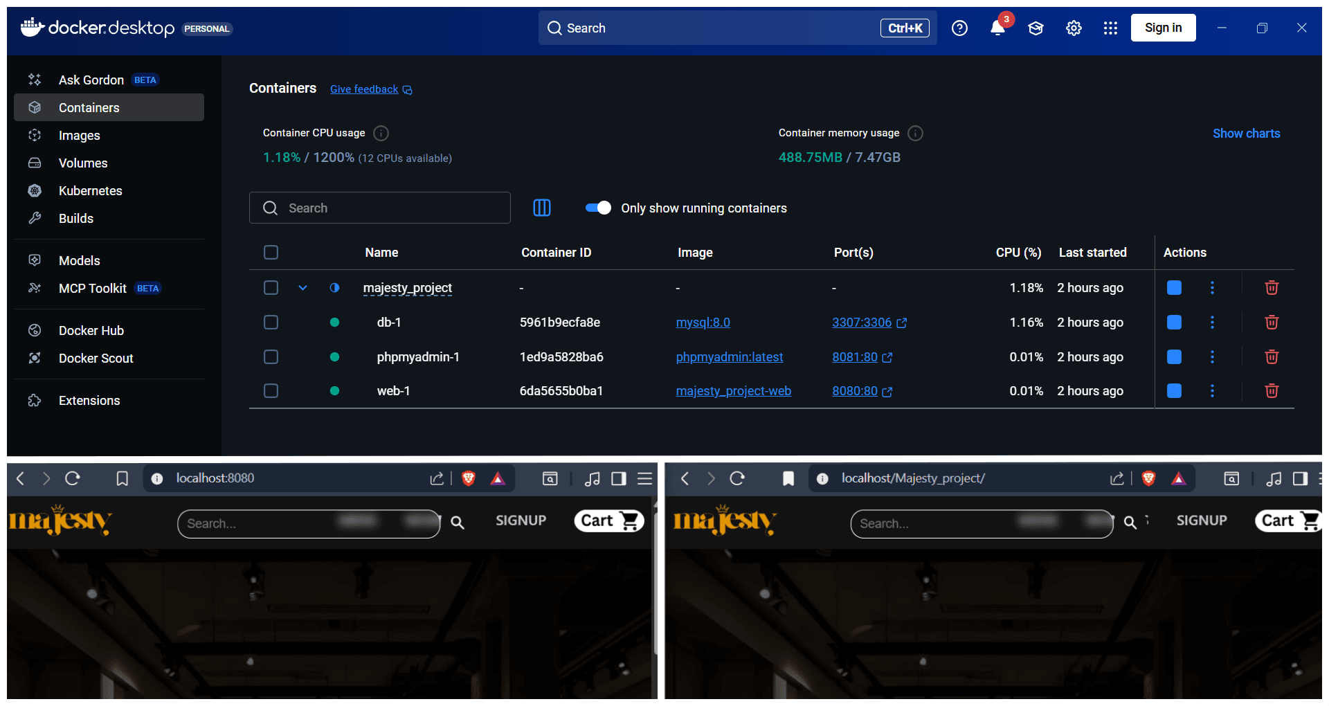 Web site running via Docker Compose and local XAMPP